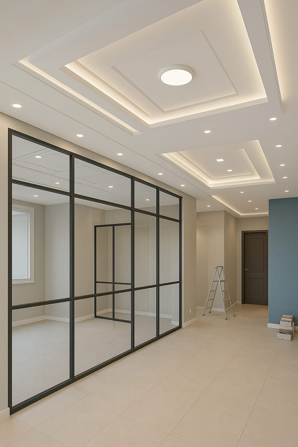 LED spot ışıklı modern asma tavan uygulaması ile tasarlanmış, cam bölmeli ofis iç mekânı.